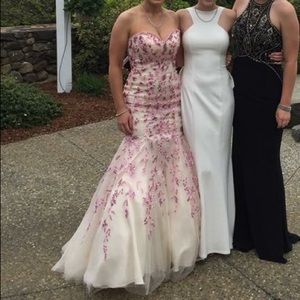 beige prom dress with pink sequins